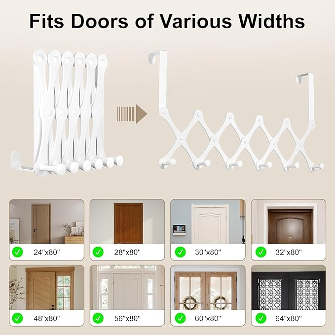 Expands Over The Door Hook Rack, Heavy Duty No Drill Hooks for Bathroom, Bedroom, Kitchen, Closet - Over The Door Hanger for Towels, Robes, Bags, Coats(White)