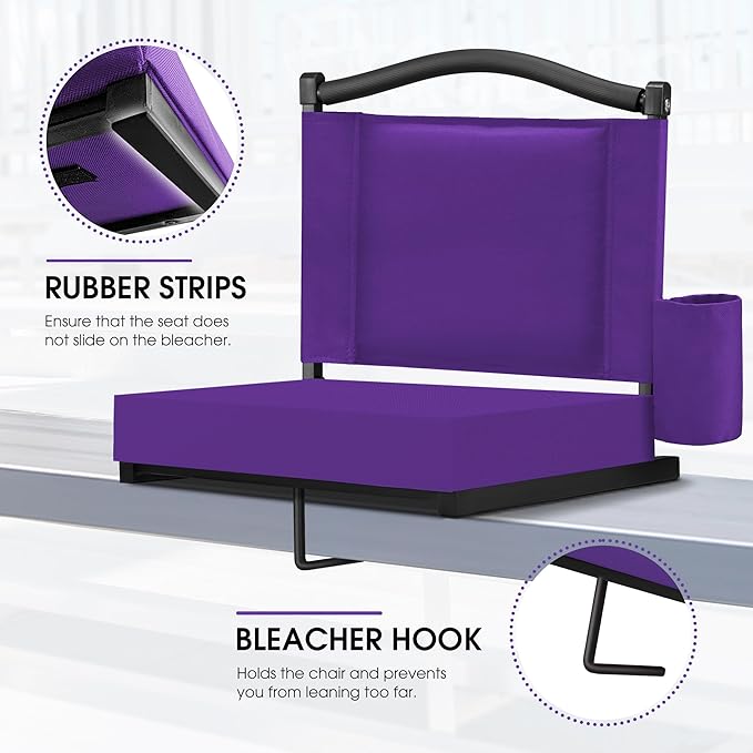 Fragess Bleacher seat, Stadium Seats with Back Support and Thick Cushion, Bleacher Chairs with Shoulder Strap and Side Pocket, Stadium Seat for Bleachers, Perfect for Sports Events(Purple)