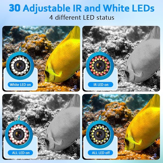 Underwater Fishing Camera with 7 Inch LCD Monitor, HD 1000 TVL Portable Fish Finder, 30Pcs Adjustable LED White Lamp Light, 30M Cable Waterproof IP68 Camera for Ice Lake Sea Boat Kayak Fishing