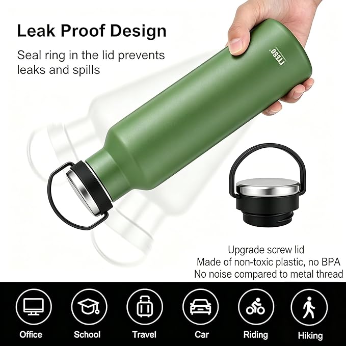 TYESO Stainless Steel Vacuum Insulated Water Bottle, Insulated Water Bottle with Soft Silicone Carry Handle (GREEN, 25 OZ)