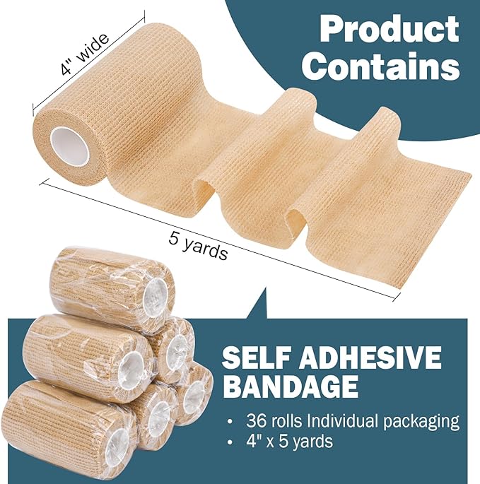 AZEN 36 Pack Self Adhesive Bandage Wrap, 4" X 5 Yards Elastic Cohesive Bandage Wrap, Skin Color Athletic Tape, Ankle Tape, Tattoo Grip Tape Wrap, Vet Wrap