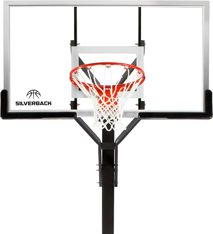 Silverback Height Adjustable In-Ground Basketball Hoop with Tempered Glass Backboard, Pro-Style Breakaway Rim & Backboard Pad