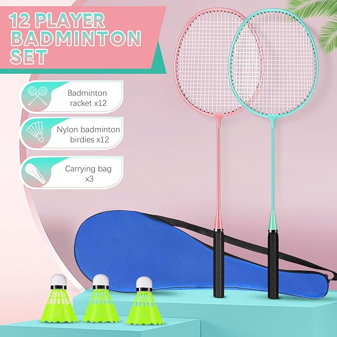 12 Pack Badminton Rackets Set Including Badminton Racquets, Nylon Shuttlecocks and Carry Bag for Outdoor Backyard Games Beginners