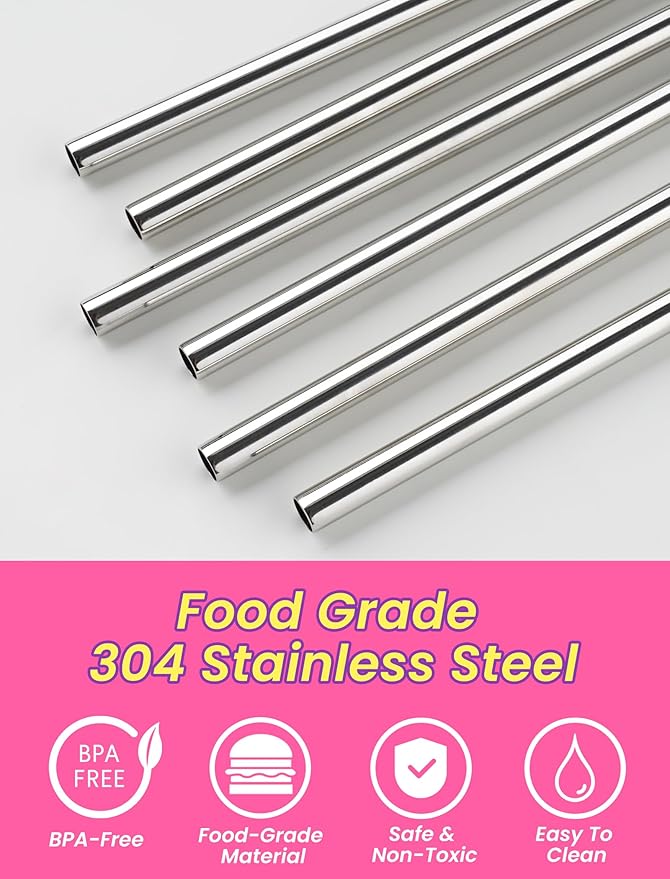 NiHome 6PCS Anti Wrinkle Straws with Silicone Widen Flat Tip Drinking Metal Straw, Fit for Stanley 20/30/40 oz Tumbler, Reusable Wrinkle Free Stainless Steel Long Straw, 2 Brushes & Carry Bag (Pink)