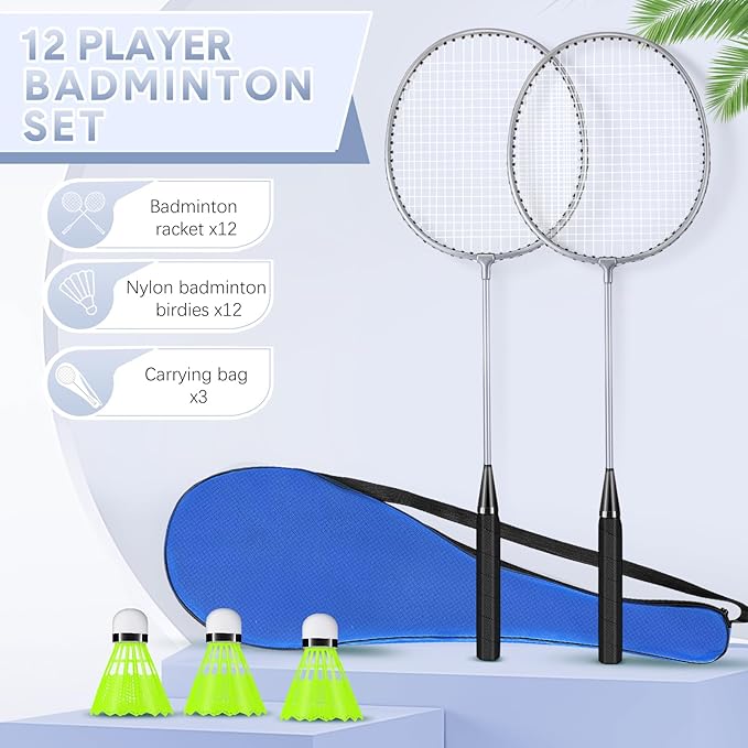 12 Pack Badminton Rackets Set Including Badminton Racquets, Nylon Shuttlecocks and Carry Bag for Outdoor Backyard Games Beginners