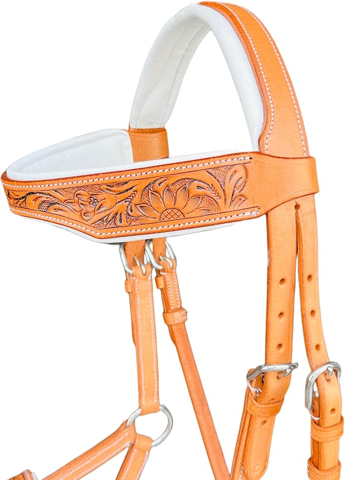 Natural Toned Leather Sidepull Bitless Bridle with White Cow Soft Leather Padding | Full Leather reins | (Natural, Full)