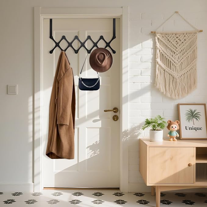 Expands Over The Door Hook Rack, Heavy Duty No Drill Hooks for Bathroom, Bedroom, Kitchen, Closet - Over The Door Hanger for Towels, Robes, Bags, Coats(Black)