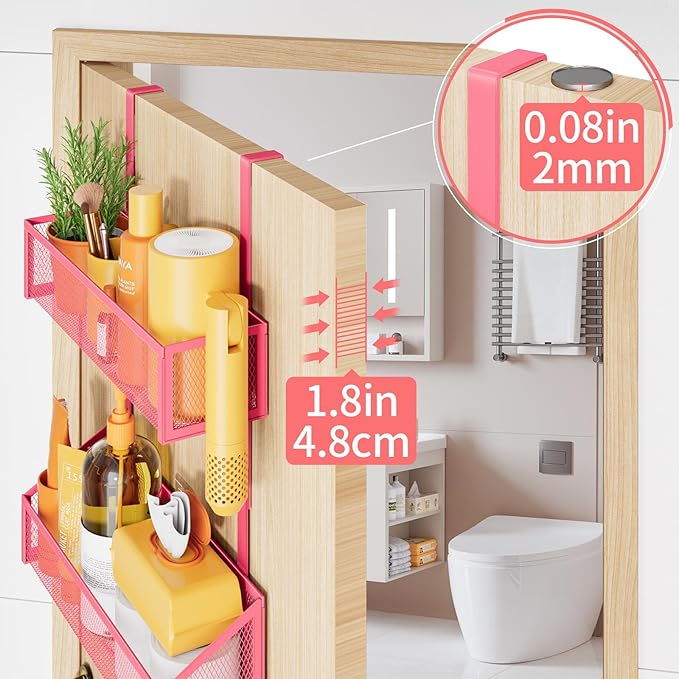 Over The Door Hooks Organizer, Coat Rack Over The Door Storage Hanger Towel Rack, Back of Door Storage Organizer for Bathroom,Bedroom,Kitchen,Office (Pink, 3-Tier)