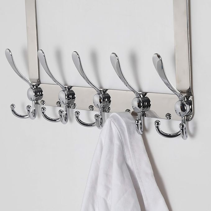 Dseap Over The Door Hook Hanger - Fits 1 3/8" to 1 3/4" Standard Doors | 5 Tri Hooks Heavy Duty Towel/Coat Rack | Door Organizer for Clothes, Jackets, Hats, Towels, Chromed, Pack of 2