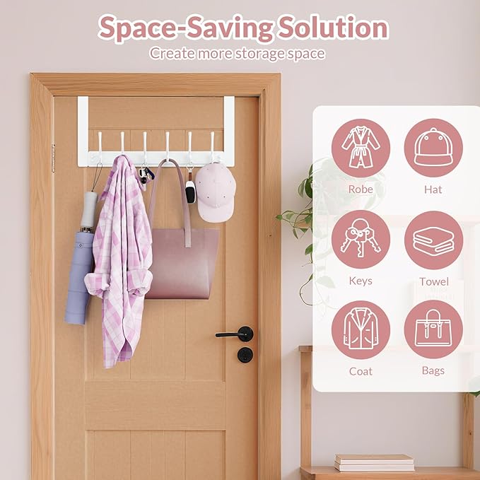 BAKON 2 Packs Over The Door Hooks with 6 Hook, Heavy Duty Over Door Hanger for Hanging Clothes Coat Hat Jacket, Door Coat Rack for Bathroom Closet Laundry Bedroom Kitchen Living Room Home Organizer
