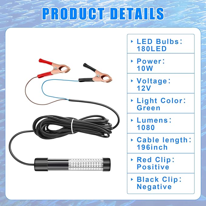 Geelin 2 Pcs 12v 10w Green Underwater Fishing Light Submersible Lure Bait LED Fishing Attracting Light Night Green Glow Finder Lamp for Pool Boat Sea Ice Crappie Squid Shad Shrimp