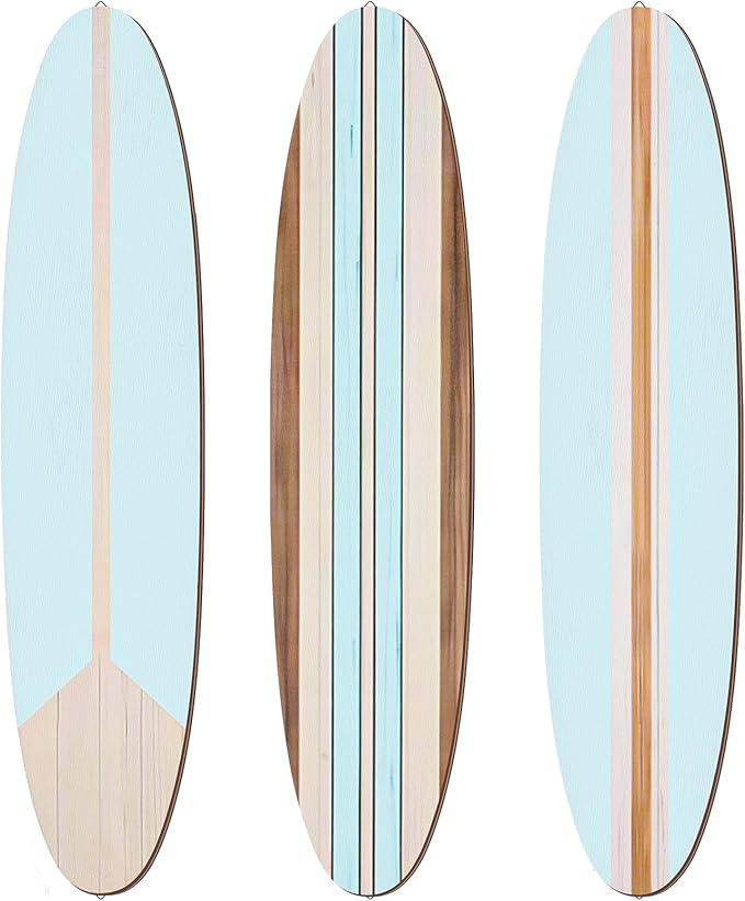 Gerrii 3 Pieces Surfboard Wall Decor 23.6" x 5.4" Preppy Beach Room Decor Aesthetic Large Wooden Cute Beachy Tropical Wall Art for Surfer Bedroom Bathroom Decorations(Blue,Stripe)
