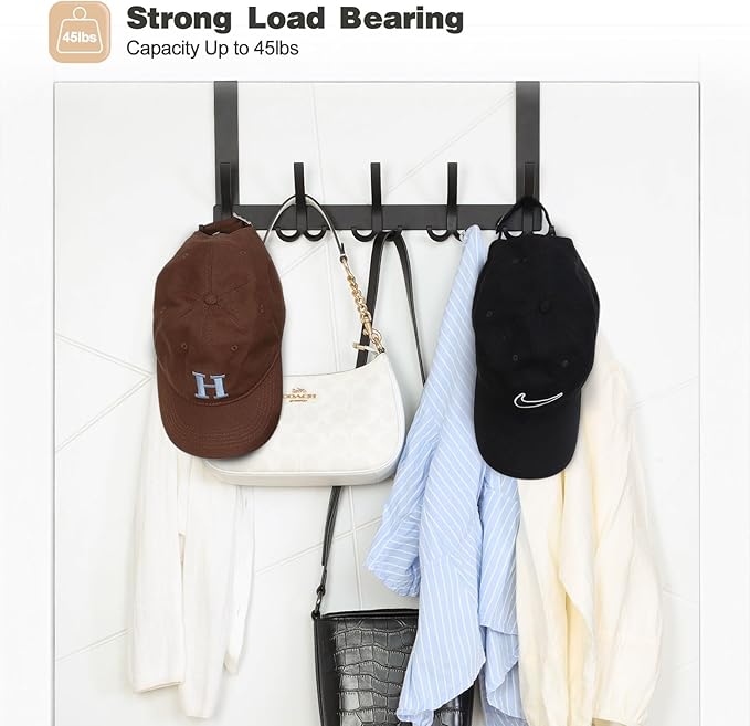 Over The Door Hooks for Hanging, Over The Door Hanger, Over The Door Towel Rack for Bathroom with 5 Triple Coat Hooks, Bathroom Towel Holder Towels Hanger (Black, 1 Pack)