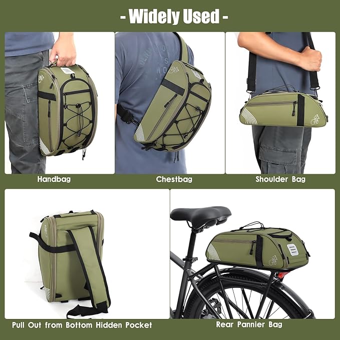 Rear Bike Rack Bag Waterproof Bike Bags with Reflector, Rain Cover & Shoulder Strap for Commuter Travel Outdoor, Green