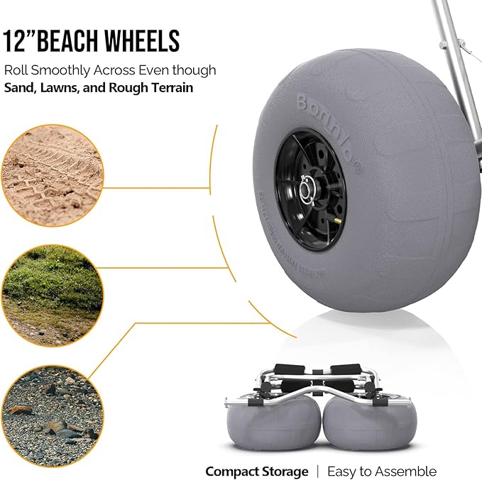Bonnlo Kayak Cart Trolley Canoe Paddle Board Boat Cart Carrier Dolly with 12" Big Beach Wheels Balloon Kayak Transport Wheels Cart Foldable, Free Pump, 2 Ratchet Straps- Perfect for Soft Sand