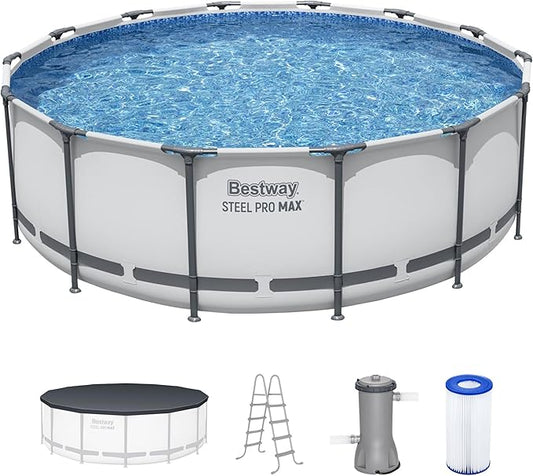 Bestway スチールプロMAX 14フィート x 48インチ 地上設置型プール、丸型金属フレーム、フィルターポンプ、はしご、カバー付き、グレー
