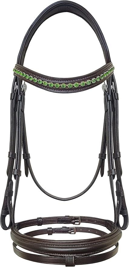 Equine Care Leather English Horse Bridle with Reins, Full Size, Choice of Browband Style, Padded Crown & Cavesson Noseband, Stainless Steel Hardware, Hunter Show Bridle.