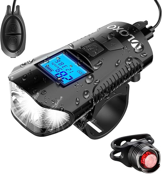VLOXO Bike Speedometer with LED Bike Light, IP65 Waterproof Bicycle Odometer with Horn LED Front & Tail Light USB Rechargeable Bicycle Computer