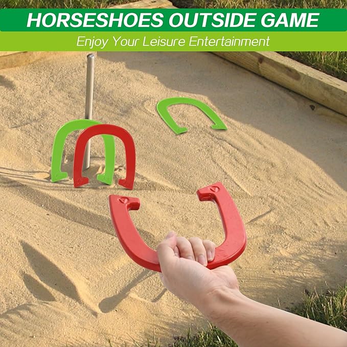Horseshoes Outside Game - Steel Horseshoe Set - Yard Game Kit with 4 Heavy Duty Horseshoes, 2 Solid 24" Stakes & Carrying Bag - Classic Lawn Games for Adults, Backyard, Camping