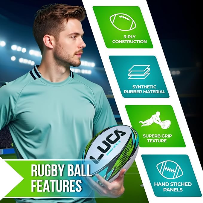 LUCA League Rugby Ball Size 4 & 5 | Hand Stitched, 3-Ply Durable Construction | Super Grip Texture | Training & Match Play Rugby Ball