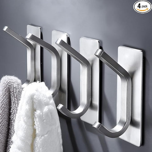 DELITON Adhesive Towel Hooks for Bathroom - 4 Pack Heavy Duty Stick on Wall Hooks, Waterproof Robe/Coat Hangers for Kitchen, Shower (Silver, Stainless Steel)