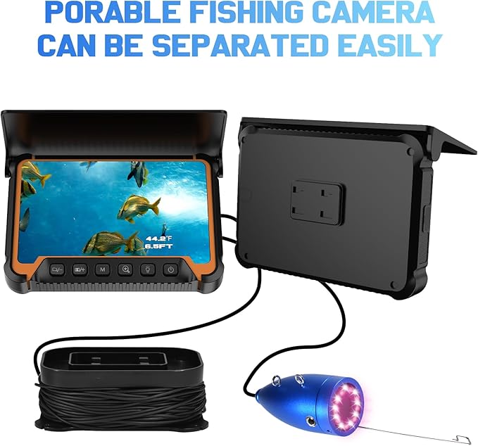 水深温度センサー付き水中釣りカメラ、7インチHD魚群探知機カメラ100ftロングケーブルIR LEDナイトビジョン広角レンズラインカメラ カヤック湖ボート氷釣りポータブル魚群探知機