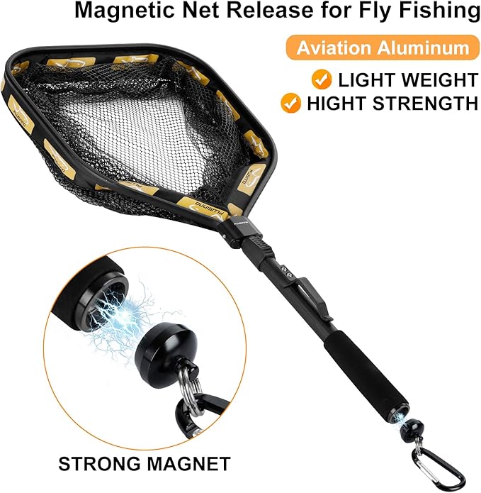 PLUSINNO Floating Fishing Net for Steelhead, Salmon, Fly, Kayak, Catfish, Bass, Trout Fishing, Rubber Coated Foldable Landing Net with Fixed or Telescoping Pole Handle, Fishing Gear and Gifts for Men