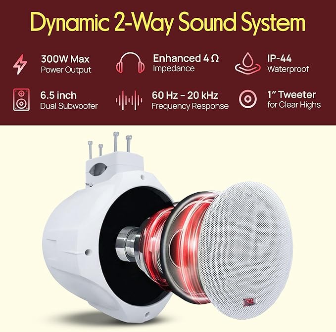 Pyle Wakeboard Tower Speakers, 8” 300W Dual Waterproof Subwoofer Speakers & 1” Tweeter, 2-Way Outdoor Marine Audio System, Bullet Style Design Suitable for Boats with Mounting Brackets, White (1 Pair)