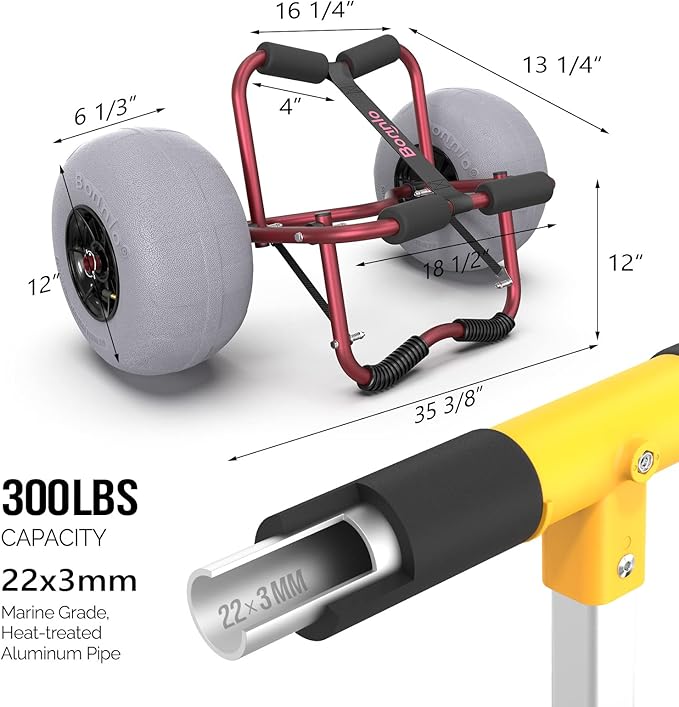 Bonnlo Kayak Cart Trolley Canoe Paddle Board Boat Cart Carrier Dolly with 12" Big Beach Wheels Balloon Kayak Transport Wheels Cart Foldable, Free Pump, 2 Ratchet Straps- Perfect for Soft Sand