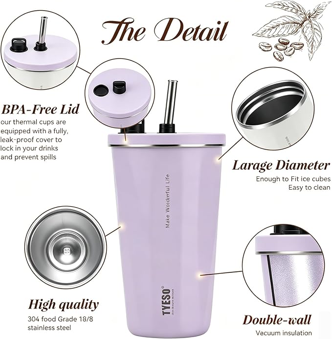 TYESO Stainless Steel Tumbler with straw inside Stainless steel wide-mouth vacuum insulation home office outdoor multi-color thermal insulation and cold insulation cover with 20oz (Purple, 20 oz)