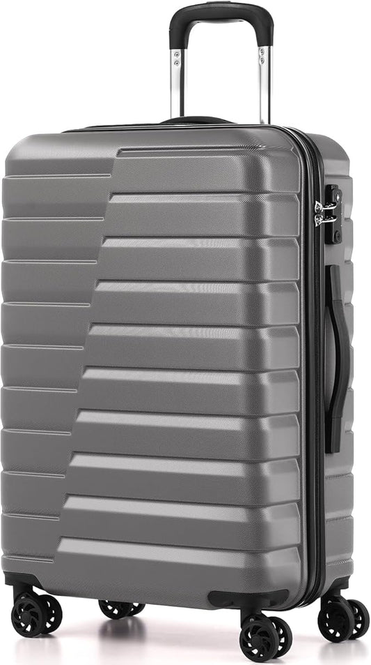 Coolife Medium Checked Luggage with Spinner Wheels, Hardside Suitcase TSA Lock Lightweight Travel Luggage 24-inch,Gray