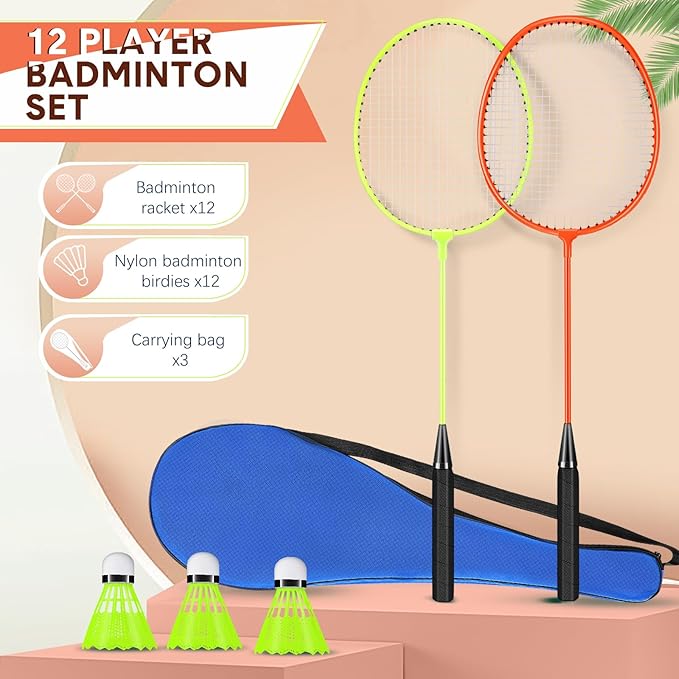 12 Pack Badminton Rackets Set Including Badminton Racquets, Nylon Shuttlecocks and Carry Bag for Outdoor Backyard Games Beginners