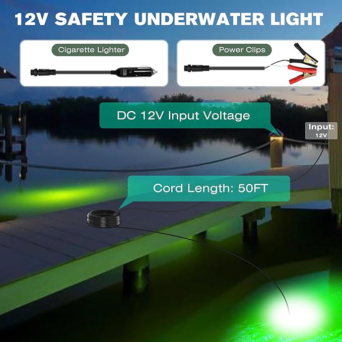 Goldlife Underwater Fishing Light with 100ft Cable, 400W 40000LM GFCI Safety Plug Brightness Green LED Submersible Light Attractants for Docks/Boats/Kayaks, IP69K Rated for Fresh & Salt Water