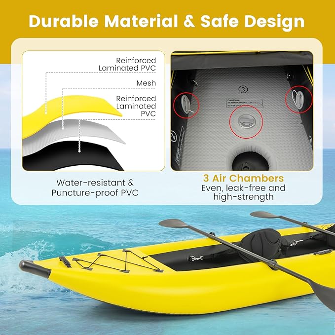 GYMAX Inflatable Kayak, 12.5Ft 507lbs Tandem Kayak with 2 Aluminum Paddles, 2 Padded Seats, Footrests, 2 Fins, Hand Pump, Carry Bag & Repair Kit, 2 Person Fishing Touring Kayak for Adults