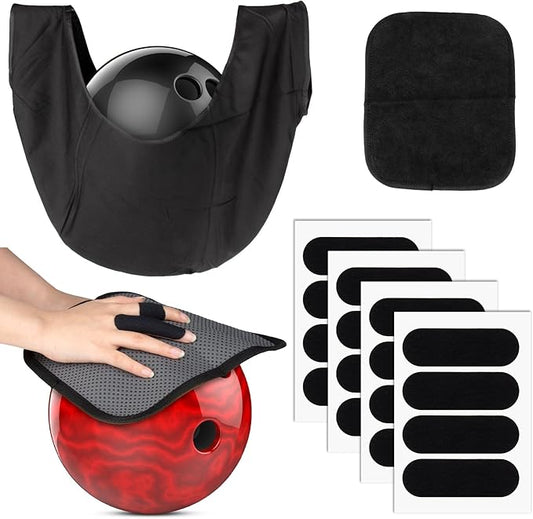 RAINFLOW 18PCS Bowling Accessories for Men Women - 1PC Bowling Ball Bag,1PC Towel and 16PCS Thumb Tape,Black BowlingBall Cleaner and Polisher