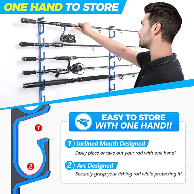 PLUSINNO H5 Horizontal Fishing Rod/Pole Holders for Garage, Wall Ceiling Mounted Fishing Rod Holder, Aviation Aluminum Fishing rod rack Holds up to 5/10/20 Rod or Combos Fishing Gear and Gifts for Men