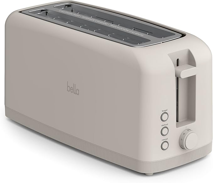 bella 4スライス スリムトースター、Fits-anywhere™ キッチンウェア、6段階の焼き色調節機能、再加熱・取消ボタン付き、サワードウも焼ける10インチのロングスロット、パン詰まり防止・自動電源オフ、900W、オートミール