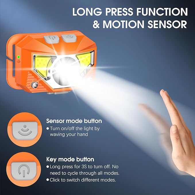 LHKNL ヘッドランプ懐中電灯、ルーメン超軽量高輝度LED充電式ヘッドライト、ホワイトレッドライト、2パック防水モーションセンサーヘッドランプ、アウトドアキャンプランニングフィッシング用8モード - オレンジ