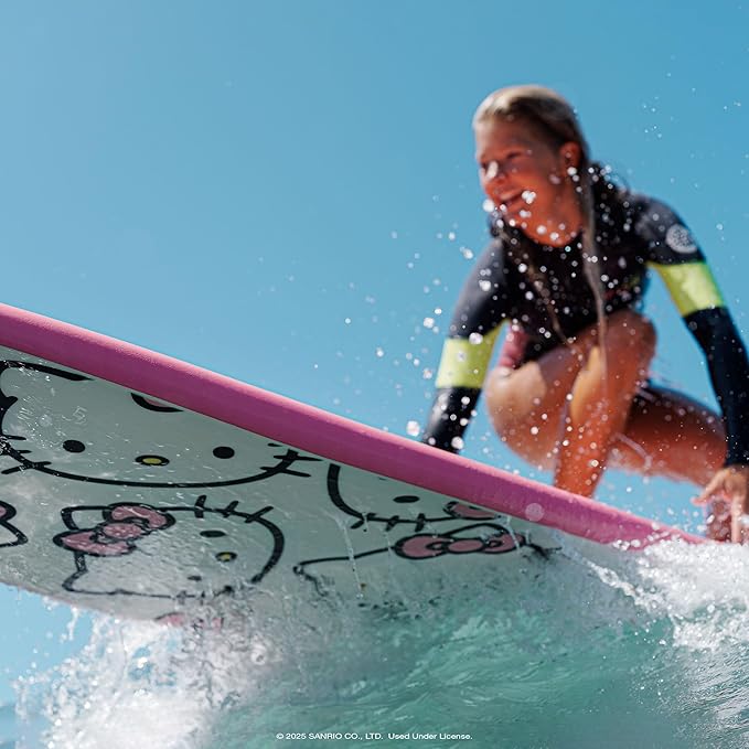 Hello Kitty 8ft Surfboard by Wavestorm | Graphic top Deck with high Density Slick Bottom | for Kids and Adults | Foam Construction with Accessories | Includes Basic Leash