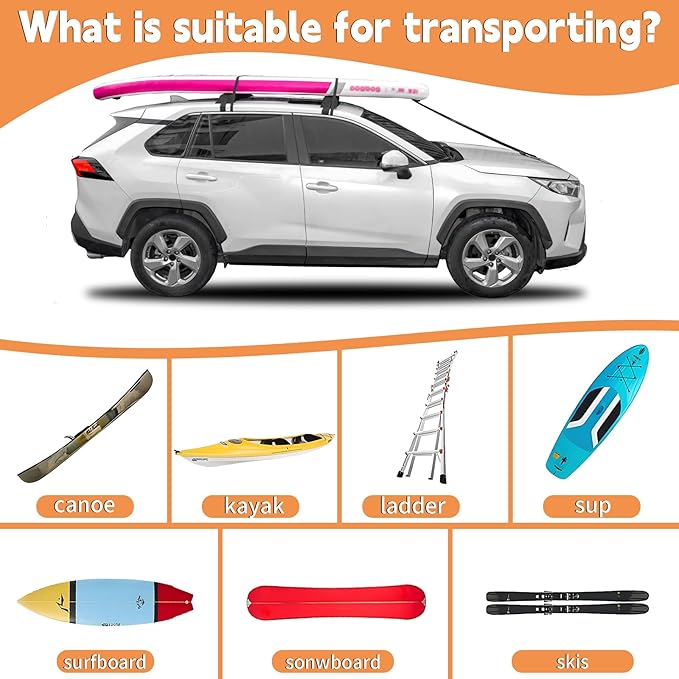 Universal Soft Roof Rack Pads for Kayak SUP Surfboard Snowboard Canoe, Heavy Duty Car Roof Rack System with 2 Tie Down Straps, 4 Quick Loop Straps, 2 Hood Loops, Tie Down Ropes and Storage Bag