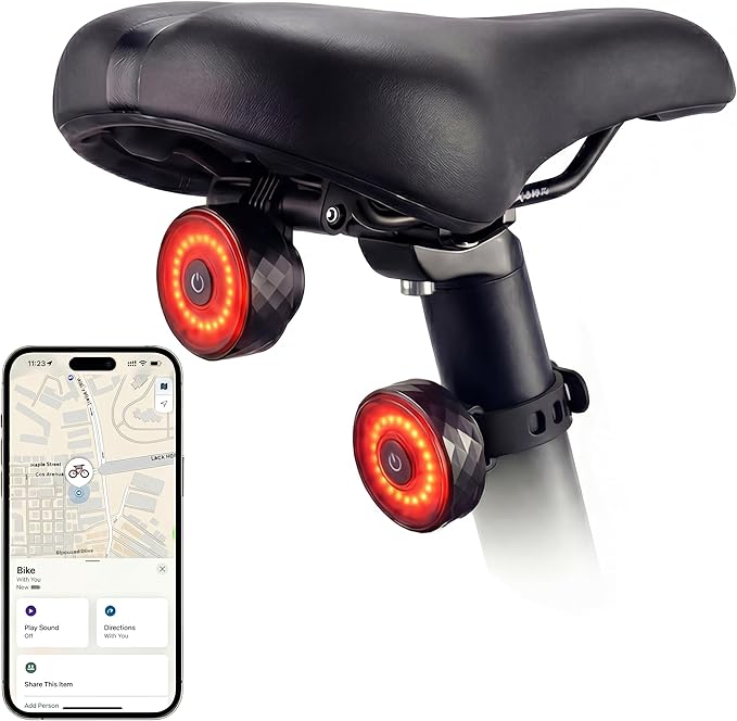 Bike GPS Tracker with Tail Light, Real-Time & Anti-Theft Bicycle Locator, No Monthly Fee/No SIM Card, Works with iOS Find My, 5 Light Modes, IP65 Waterproof, Bicycle Safety Light for Night Riding