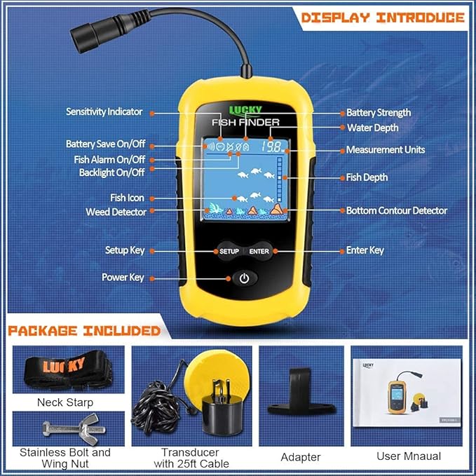 LUCKY Kayak Portable Fish Depth Finder Water Handheld Fish Finder Sonar Castable Kayak Boat Fishfinder Transducer Fishing LCD Display FFC1108