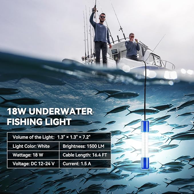 18W水中集魚灯、IP68防水 DC 12-24V LED水中集魚灯 魚誘引ルアー灯 クラッピー・エビ・イカ・ナマズ用 バッテリークランプ付き 16.4ftケーブル 緑/青/白色光