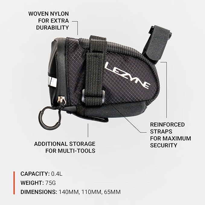 LEZYNE Caddy Bike Saddle Bag - Durable Nylon Cycling Storage Bag with Velcro/Quick Release Mount, Reflective Accents, Water-Resistant Zipper for Road Bikes & Commuters