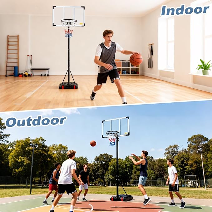 DUMOS 10FT Adjustable Height Portable Basketball Hoop Outdoor for Adult, 44 Inch Shatterproof Backboard w/Shock Absorbent Rim, Fillable Base, 2 Wheels for Swimming Pool/Indoor
