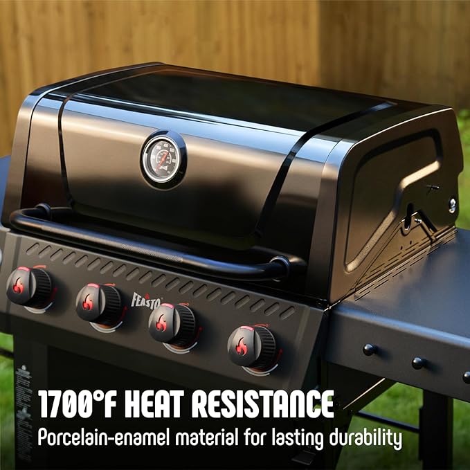 4 Burner Gas Grill, 36,000 BTU Outdoor BBQ Grill with Side Table for Outdoor Cooking & Backyard Barbecue, Premium Enameled Coated Chamber Body with Porcelain-Enameled Grates, Black