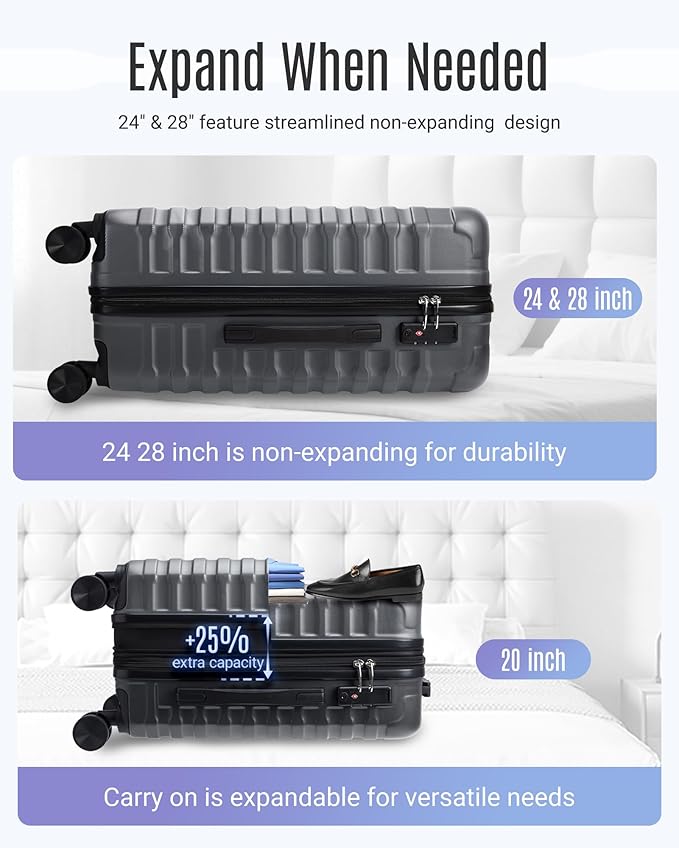 LIGHT FLIGHT スーツケースセット 3点セット 耐久性 スピナーホイール付き 3ピース ハードサイド 軽量 TSAロック付き 大型受託手荷物 20/24/28インチ グレー