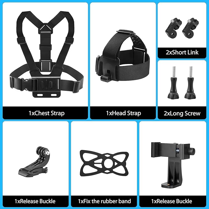 Chest & Head Mount Kit for Action Cameras and Smartphones – Hands-Free POV Recording for GoPro, Insta360, DJI Osmo, AKASO, SJCAM, CAMPARK, Crosstour, APEMAN, WOLFANG, Apexcam, COOAU, Surfola