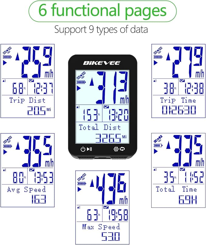 GPS Bike Computer Wireless Bicycle Speedometer Odometer 9 Languages Auto Backlight Auto Start Stop IPX7 Waterproof 2.4 Inch LCD Supports MPH KMH