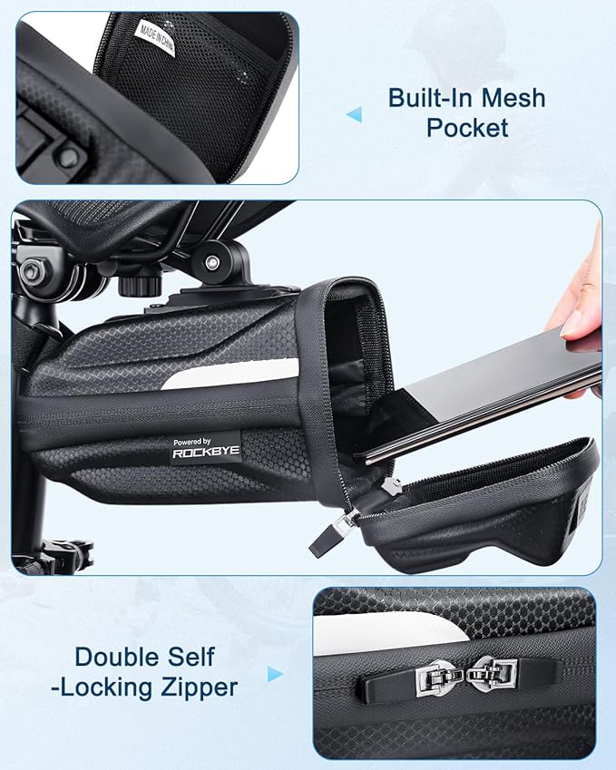 Bike Seat Bag, Expandable Bicycle Bag Under Seat, 3D Hard Shell Waterproof Bike Saddle Bag with Reflective Material, Self-Locking Zipper, Internal Pocket, 1.6-2L